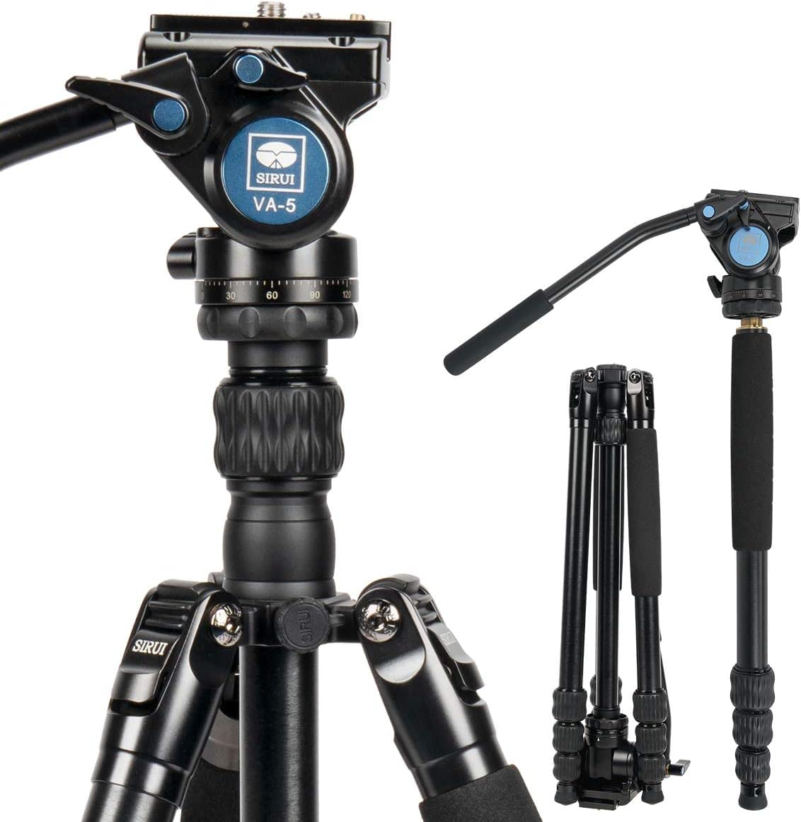 SIRUI Travel Tripod for Camera, 63" Portable Aluminum Tripod and Monopod with Fluid Head VA-5 for Camera, with Extendable Centre Column for DSLR, Camcorder, Max Load 3kg, Traveler VA