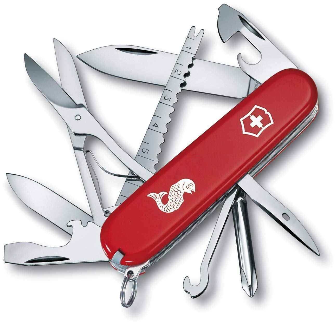 Victorinox Fisherman Swiss Army Pocket Knife, Medium, Multi Tool, 18 Functions, Fish Scaler With Hook Disgorger, Red