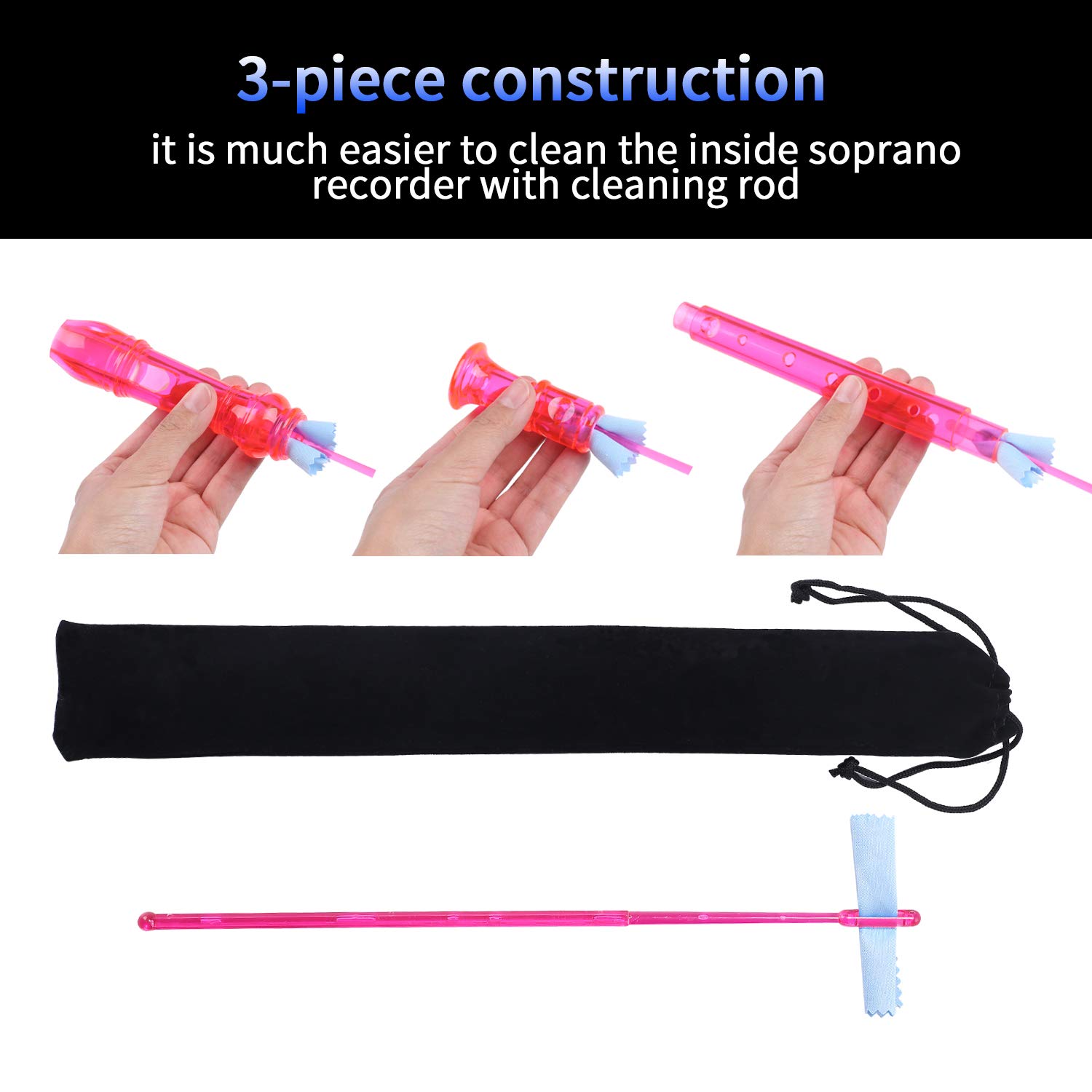 Lot-Yes 8-Hole Soprano Descant Recorder with Cleaning Rod + Case Bag Music Instrument (Crystal Pink)