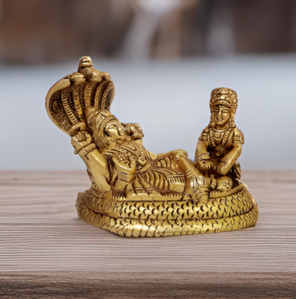 Purpledip Brass Idol Vishnu Lakshmi On Sheshnag: Anantashayi Anand Shayan Sleeping Posture Collectibe Statue (12643)