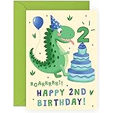 2 Year Old's Birthday Card for Boys Girls – Cute Dinosaur with Cake – Fun for Son, Daughter, Grandchild, Grandson, Nephew, Toddler, Kids, Children, Him - Turning Two - Comes with Fun Stickers