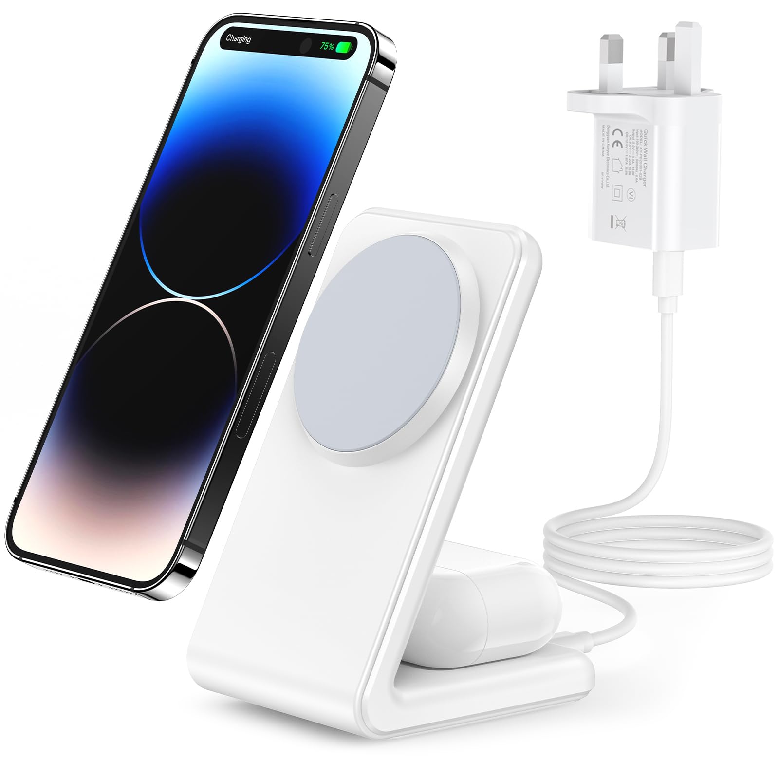 Meifigno 2-in-1 for Magsafe Charger Stand with [PD3.0 20W USB-C Charger Block & Cable] - Fast Charging Wireless Charger for iPhone 17/16/15/14/13 Pro Max, AirPods 3/Pro 2/Pro, White