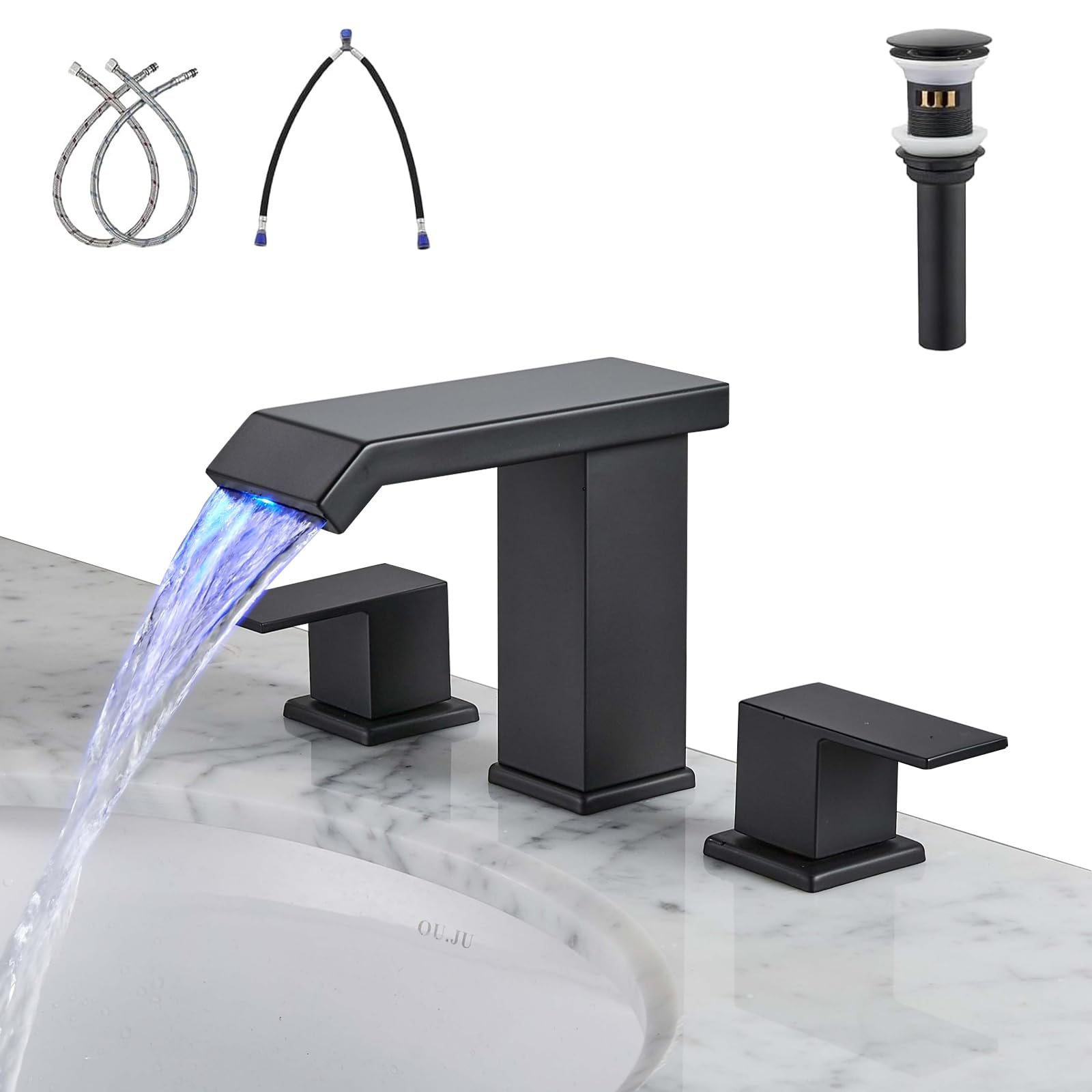 Photo 1 of *MINOR DAMAGE - USED*
Kyatinsal LED Bathroom Sink Faucet 3 Hole, Matte Black Waterfall Bathroom Faucets, 8 Inch Widespread Modern Bathroom Sink with Pop up Drain and Supply Hose Assembly
