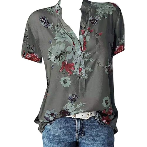 Tops for Women Summer,Blouse Shirts Floral Print V Neck Button Pocket Short Sleeve Summer Vintage Elegant Casual Tops