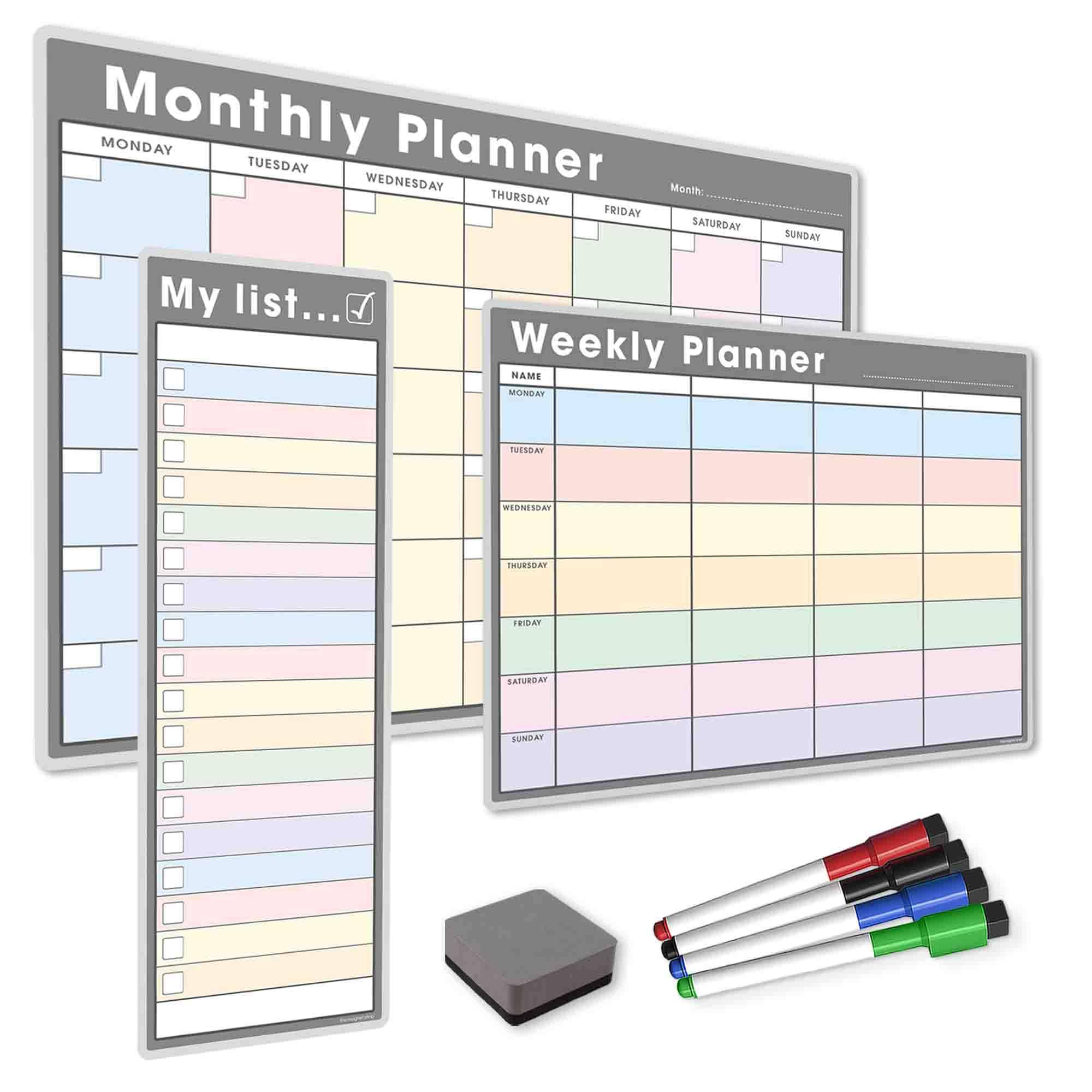 TMS #1 Magnetic Whiteboard Planner Pack/Custom Dry Erase Set | Weekly Planner, My List, Monthly Calendar | 4 Dry Wipe Marker Pens (Pastel/Grey, Bundle 1)