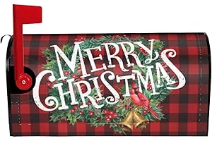 GIANLAIMA Christmas Wreath Black Red Buffalo Plaid Red Bird Bells Mailbox Magnetic Post Mailbox Cover Garden Decor Outdoor Large 25.5" X 21"