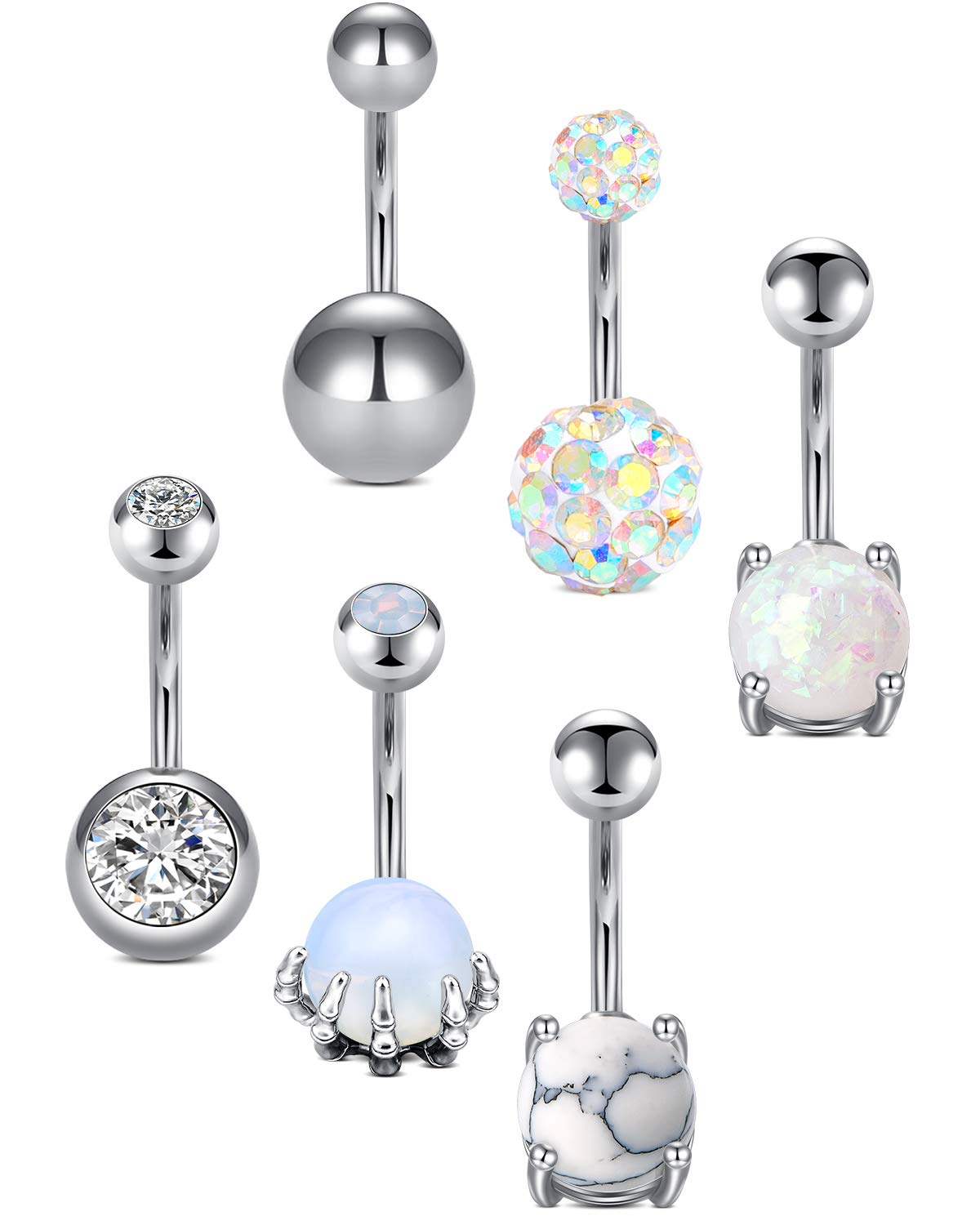 AceFun Surgical Steel Belly Bar 14G 6pcs Silver Belly Rings Round Crystal Inlaid Ball Paved Crystal Ball Synthetic Moonstone Marble Ball Belly Button bar Body Piercing for Women Girl