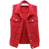 HALITOSS Women's Buttoned Washed Denim Jacket Sleeveless Crop Vest 6 Color