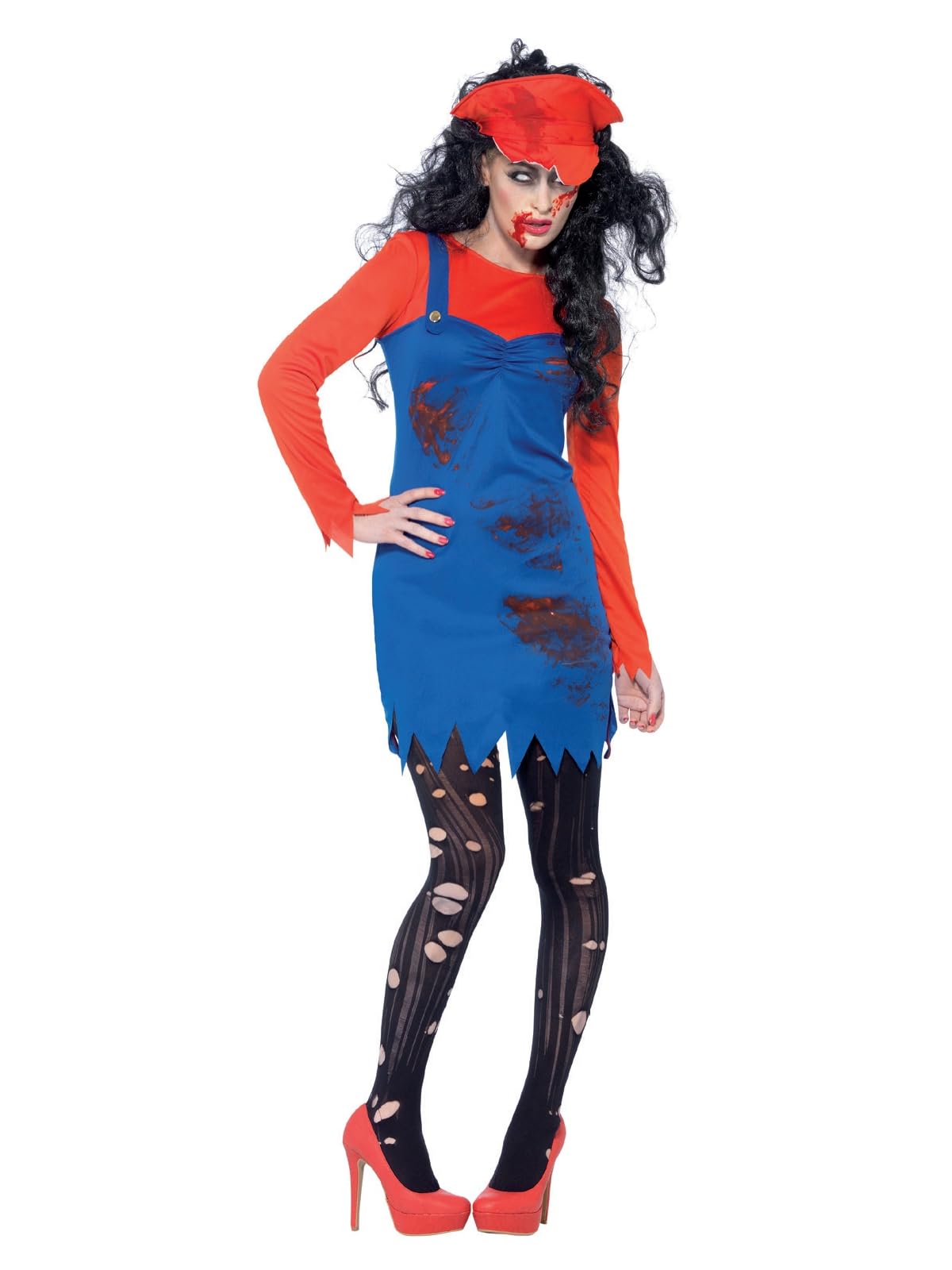 Smiffys Zombie Plumber Female Costume, Red with Dress, Top & Hat, Halloween Zombie Alley Fancy Dress, Zombie Dress Up Costumes