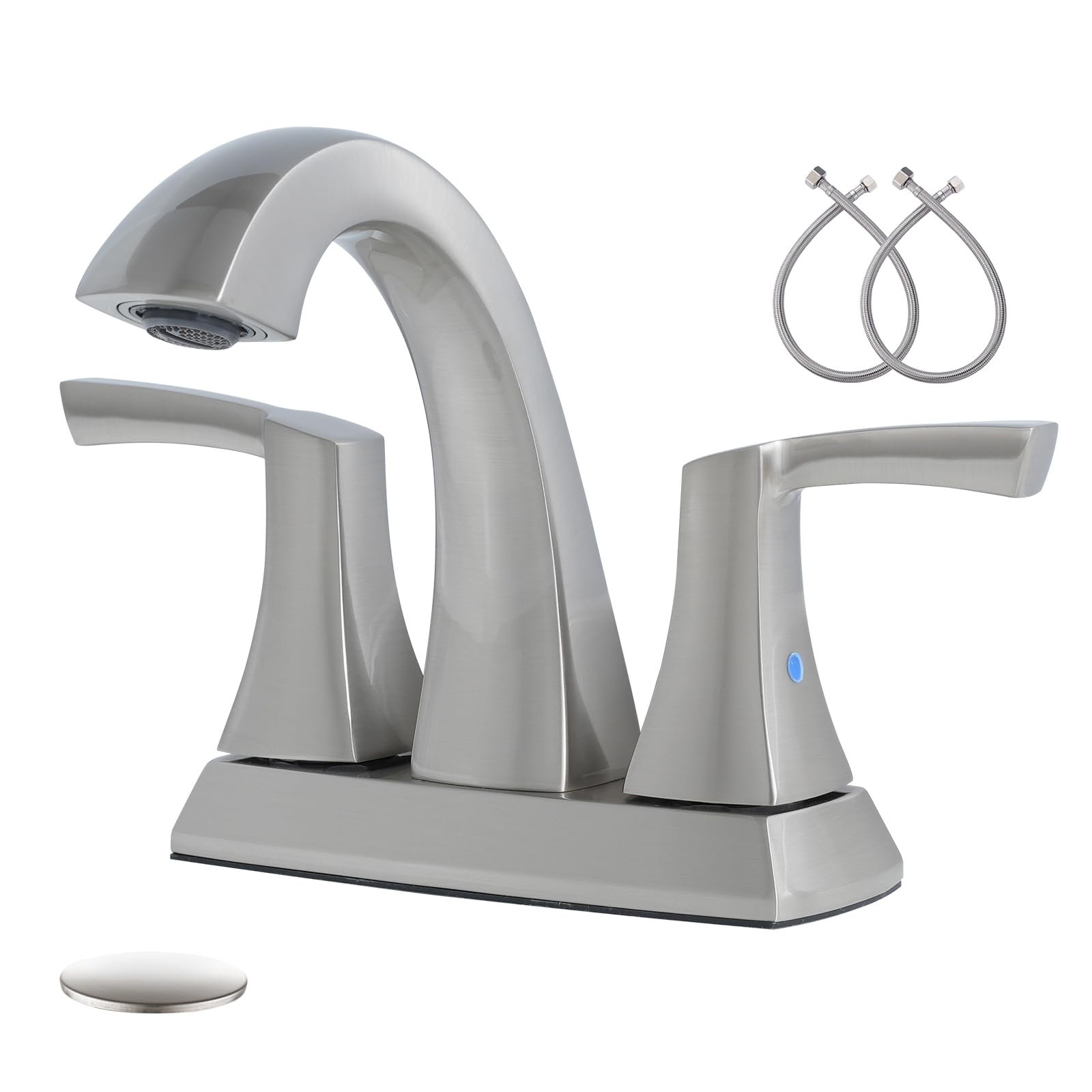 Photo 1 of VXV Bathroom Faucet Brushed Nickel, 2 Handles Low Arc Bathroom Sink Faucets, 4 Inch Centerset Bath Lavatory Faucets with Pop-up Drain & Faucet Supply Lines (BN)