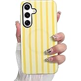 SOKAD Magnetic Vertical Stripes Phone Case for Samsung Galaxy S25, Cute Yellow Striped Pattern Compatible with Magsafe Glossy Protective Case Cover with Screen Protector for Girls Women