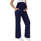 Ecavus Women's Wide Leg Maternity Pants with Pockets - Stretchy Over The Belly Pregnancy Casual and Work Trousers