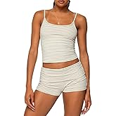 Women Fashion Striped 2 Piece Lounge Set Camisole Crop Top and Fold Over Shorts Pajama Sets Streetwear