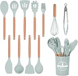 FIOUSY 12-Piece Silicone Kitchen Utensil Set with Wooden Handle Green