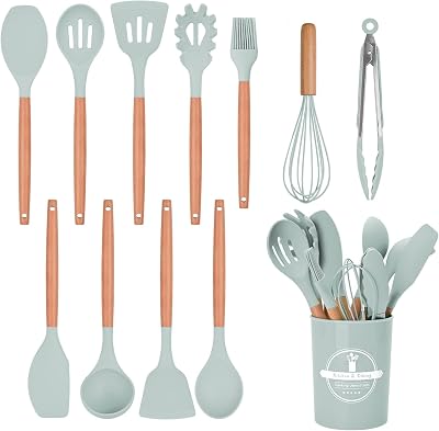 FIOUSY 12-Piece Silicone Kitchen Utensil Set with Wooden Handle Green