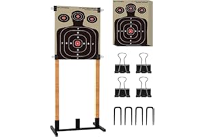 Koutemie Outdoor Shooting Target Stand with 10pcs 17x25 Inch Paper Targets, Heavy Duty Range Target Holder with Adjustable Base for Cardboard Silhouette, H Shape, Black