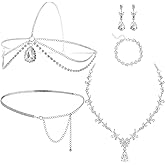 Hinly 5 Pcs Gorgeous Wedding Jewelry Set for Women Rhinestone Head Chain Headpiece Silver Necklace Earrings Bracelet Chain Belt Crystal Bridal Wedding Jewelry Sets for Women Costume Accessories