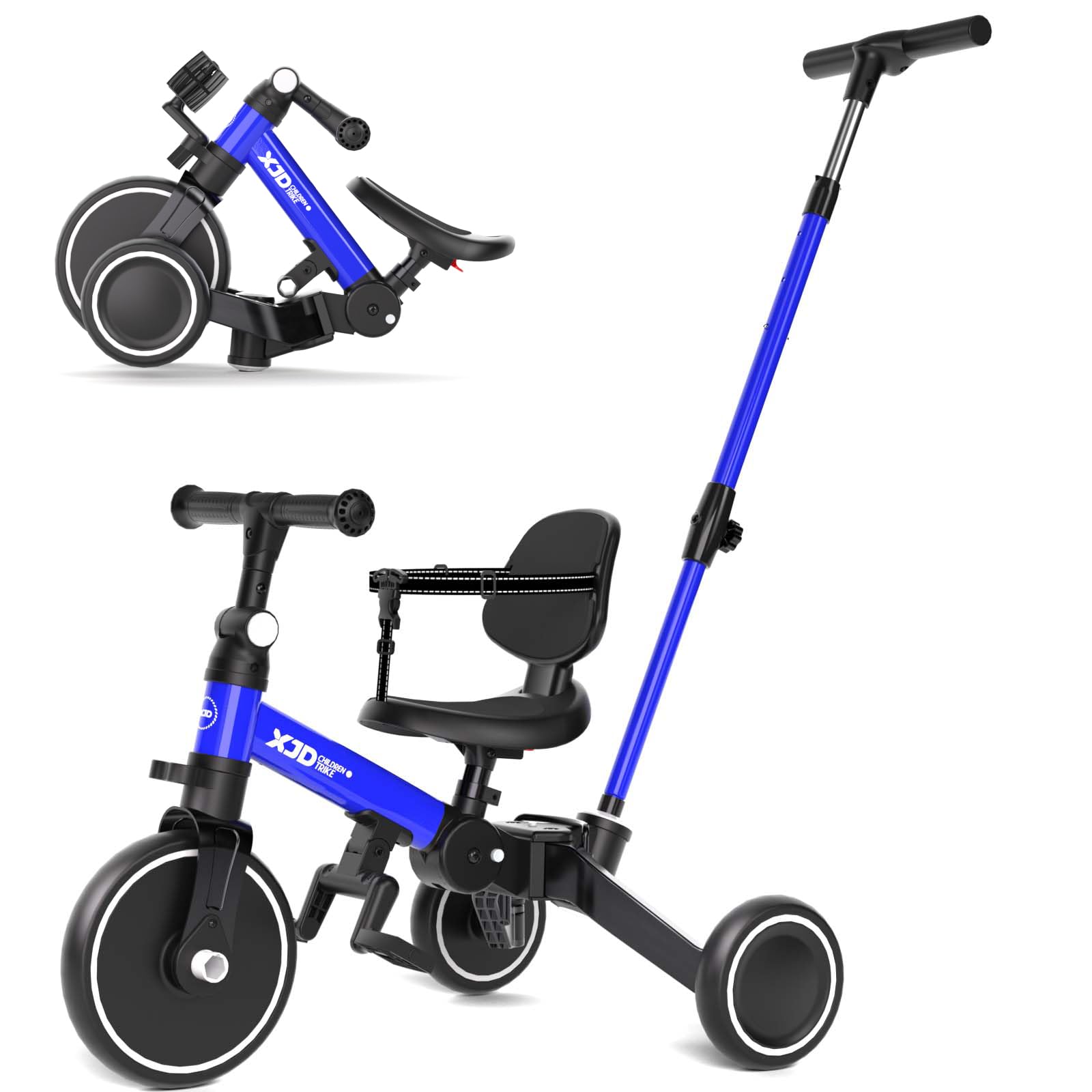 XJD 6 in 1 Kids Trike, Foldable Toddler Tricycle for 1 2 3 4 Year Old with Adjustable Push Handle, Balance Bike with Removable Backrest and Safety Belt, Baby Push Trike First Bike for Gift(Blue)