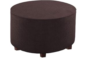 VIENLOVE Round Ottoman Slipcover Polyester Blend Footstool Protector Covers Stretch with Elastic Bottom Feature Textured Machine Washable Jacquard Fabric (Chocolate, Medium Size)