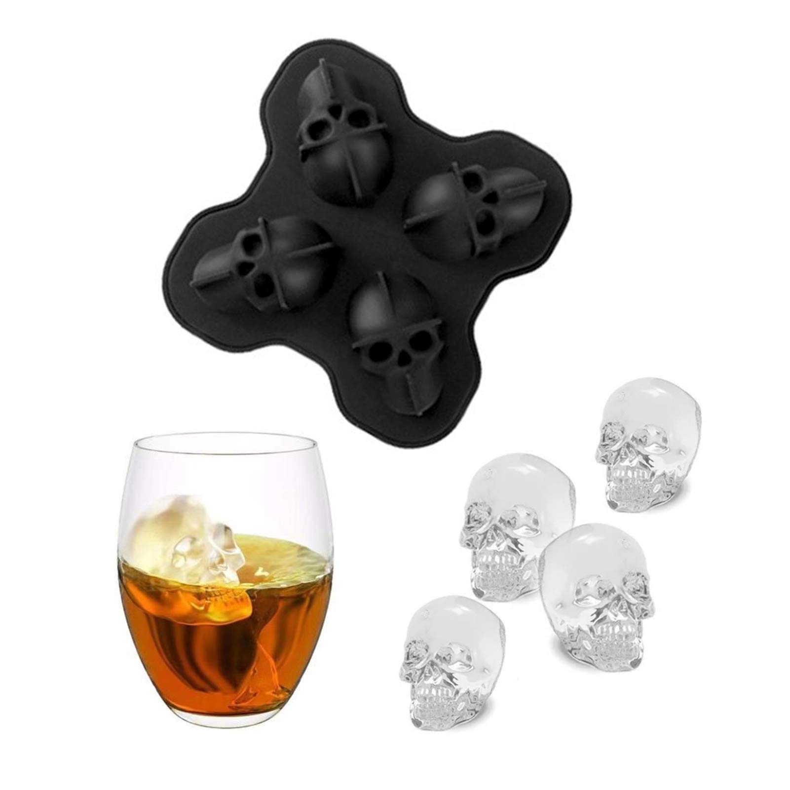 jiuczare 1Pack 3D Skull Ice Cube Mould 4-in-1 Silicone Skulls Ice Cube Maker DIY Creative Design Skull Mould Flexible Silicone Skull Ice Tray for Making Cocktails, Whiskey, Beer, Chocolate, Black