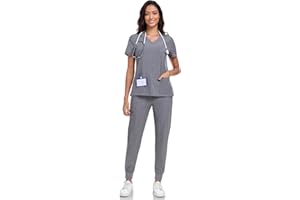 JGVIC Scrubs For Women Set -V-Neck Scrub TOP Contrast Pocket & Jogger Pants With 11 Pockets