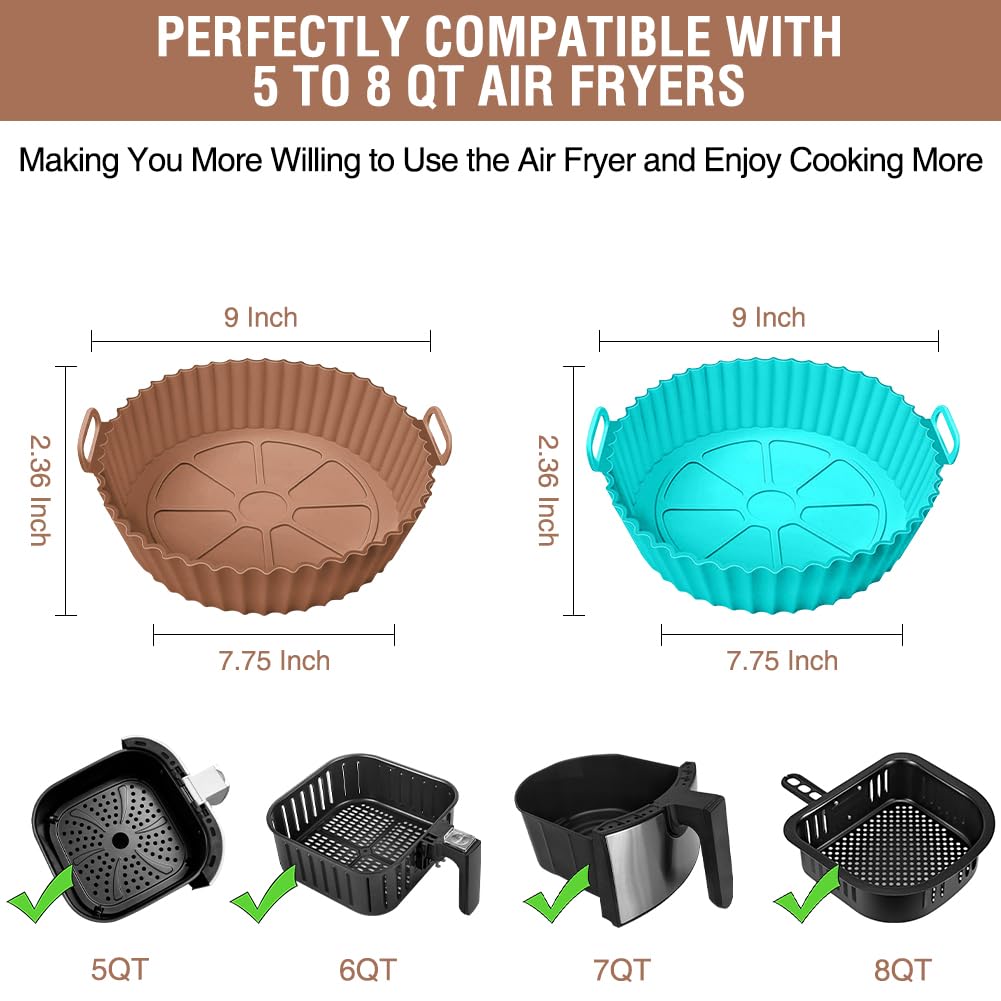 Silicone Air Fryer Liner 2 Pack, Xabzhzn 9 inch Non-Stick Reusable Air Fryer Liners for 5 to 6 7 8 QT Square and Round Basket, Airfryer Silicone Pot Baking Tray Oven Microwave Accessories, Blue+Brown