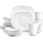 Zulay Kitchen Luna Plates and Bowls Sets, 16 Piece Modern Porcelain Dish Set for 4, Chip and Scratch Resistant Square Dinnerware Set, Microwave and Dishwasher Safe, Pearl White