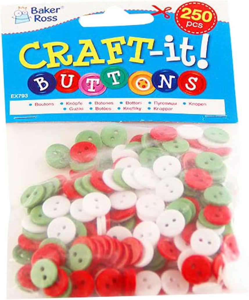 Paintings - Baker Ross EX793 Red, White & Green Mini Buttons - Pack of 250, Great for Art for Kids, Arts and Crafts, Embellishing, Scrapbook or for School Classroom Supplies