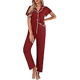 Ekouaer Pajamas for Women Set Button Up Sleepwear Cute Pjs Ruffle Sleeve Notch Collar Loungewear with Long Pants S-XXL