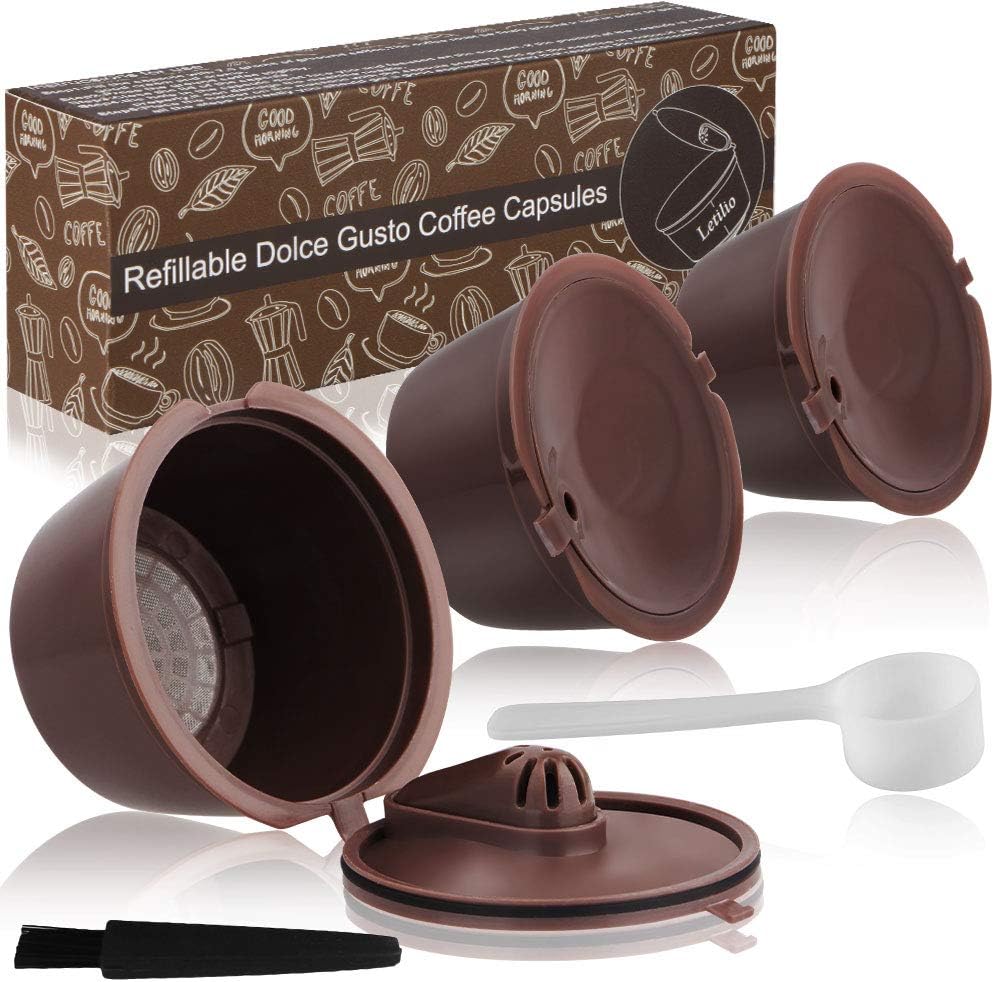Letilio Coffee Capsules Latest Generation Reusable Refillable 3 pcs, with 1 Plastic Spoons and 1 Cleaning Brush（More widely Used）