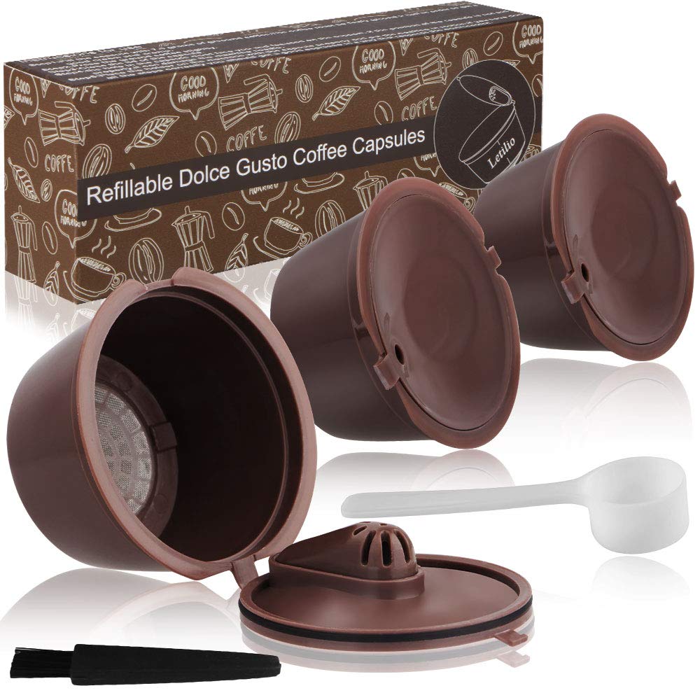 Letilio Filtros Cápsulas de Café puede rellenar reutilizar para Dolce Gusto  Cafetera fuerte al menos 160 veces de usos para reemplazo,3 pcs con 1  cucharón de plástico y 1 cepillo de limpieza