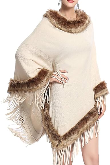 Hanmax Pull De Laine Cape D Hiver Femme Col En Fourrure Fausse Frange Decore Manches Longue Automne Hiver Taille Unique Amazon Fr Vetements Et Accessoires