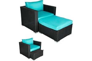 Kinsunny Wicker Furniture Single Chair with Ottoman, Black PE Wicker Additional Seats for Sectional Sofa