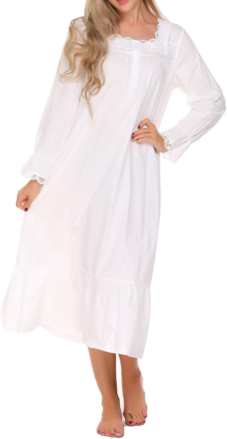 Ekouaer Sleepwear Victorian Nightgown Cotton Sleepshirt Long Sleeve Pajama Dress Vintage Loungewear for Women at  Women’s Clothing store