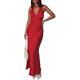 Women's Satin Dresses Summer Bodycon Sexy Halter V Neck Backless Elegant Formal Prom Cocktail Wedding Guest Maxi Dress