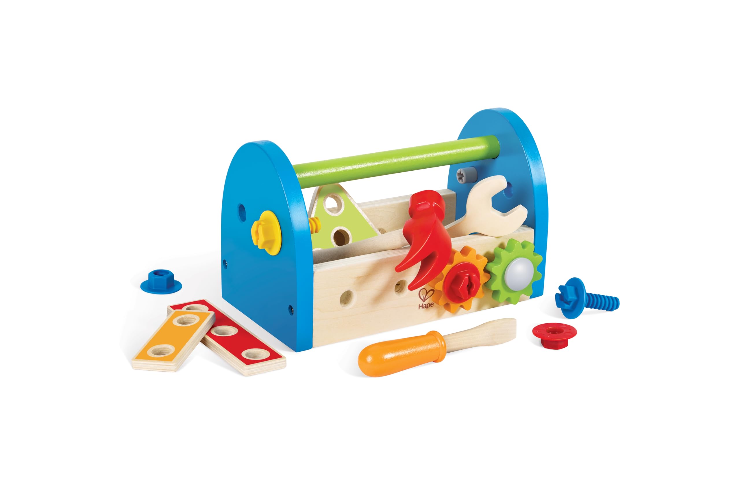 Hape Fix-It Tool Box with Accessories | Colourful Construction Workbench Pounding Tool Toy Set for Kids, Problem-Solving Pretend Play Set, 17 Piece