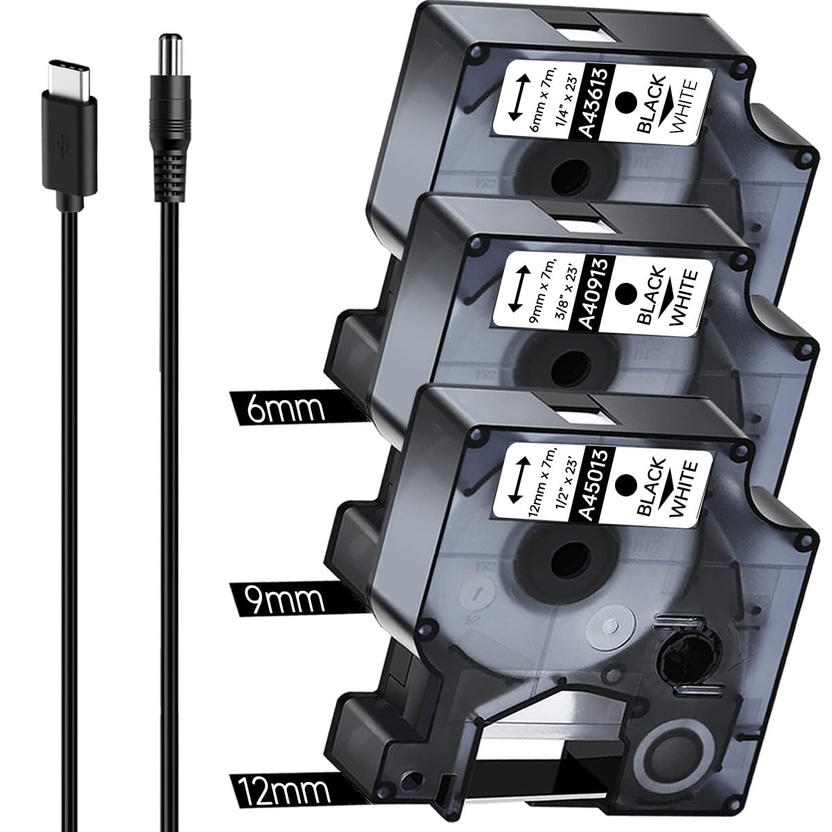 Acmerota 43613 40913 45013 Compatible for Dymo D1 Label Tape 43613 40913 45013 12/9/6mm*7m Black on White Label Tape for Dymo LabelManager 100 120P 150 160 200 210D 210D 220P 260P 280 300 350 350D