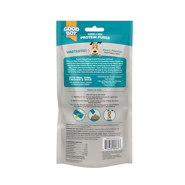 GOOD BOY FARM & SEA PROTEIN PUREES DOG FOOD MIXERS FOR ALL ADULT DOGS, 10 COUNT, EASY SINGLE-SERVE TRIPLE FLAVOR TOPPER TREATS WITH TUNA, CHICKEN AND DUCK