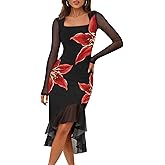 MEROKEETY Women's 2026 Wedding Guest Dress Bodycon Long Sleeve Square Neck Ruched Mesh Cocktail Party Holiday Midi Dresses
