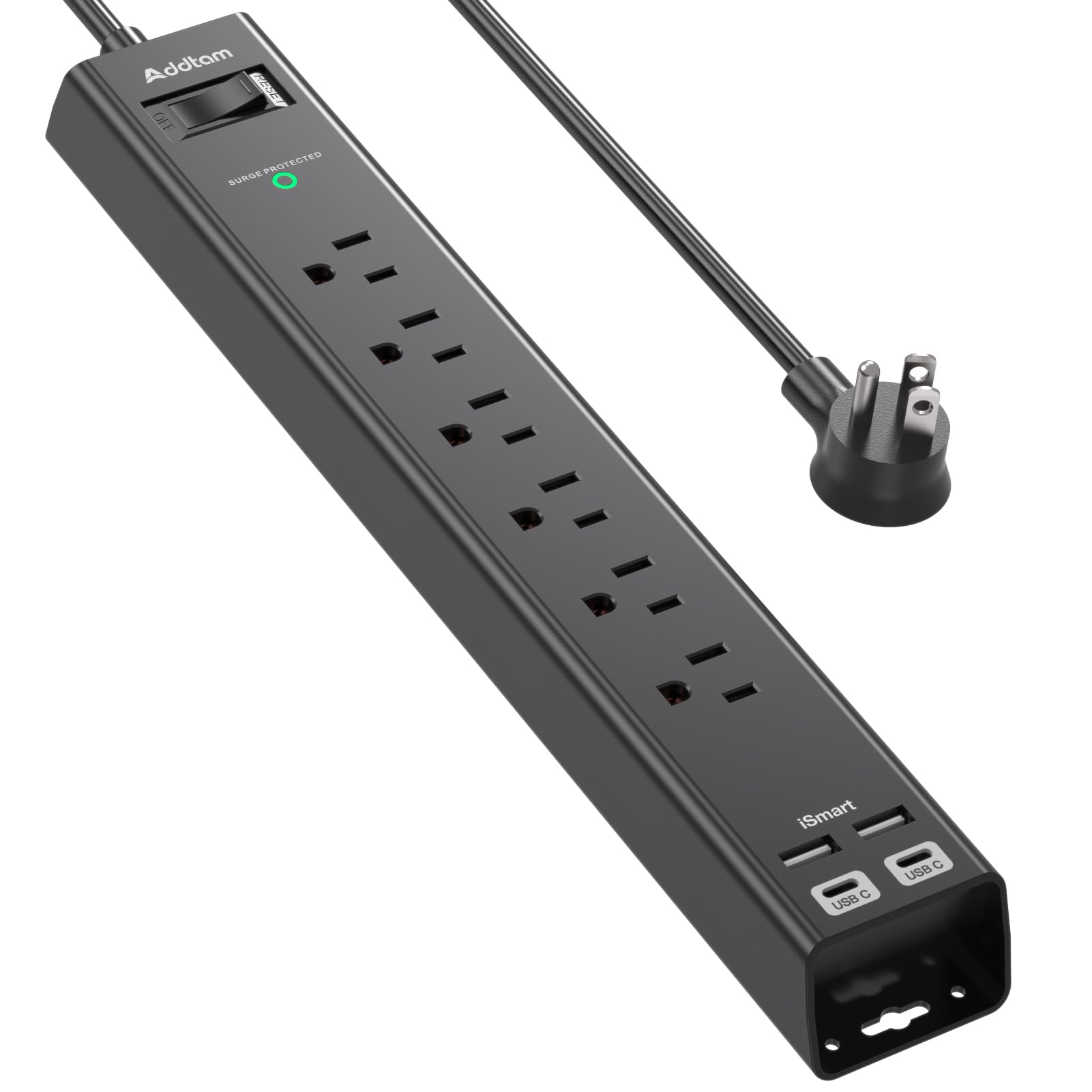 Photo 1 of 2Ft Short Power Strip Surge Protector - Addtam Extension Cord with 6 AC Outlets 4 USB (2 USB-C), Flat Plug Extension Cord,1875W/15A, Wall Mount Outlet Extender for Home College Dorm Room Essentials
