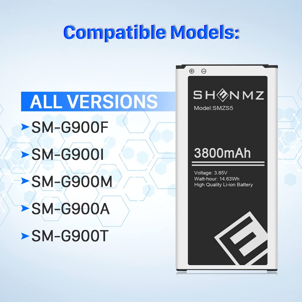 SHENMZ Galaxy S5 Battery,[Upgraded] 3800mAh Li-ion Replacement Battery for Samsung Galaxy S5 / S5 Active AT&T G900A,G900F,G900H,G900R4,I9600,SM-G900V,SM-G900P,SM-G900T,EB-BG900BBC