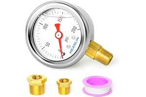MEANLIN MEASURE 0~200Psi Stainless Steel 1/8" NPT 1.5" FACE DIAL, Glycerin Filled Pressure Gauge, Liquid Filled, Water Oil Air, Lower Mount, with 1/4" NPT and 3/8" NPT Hex Bushing