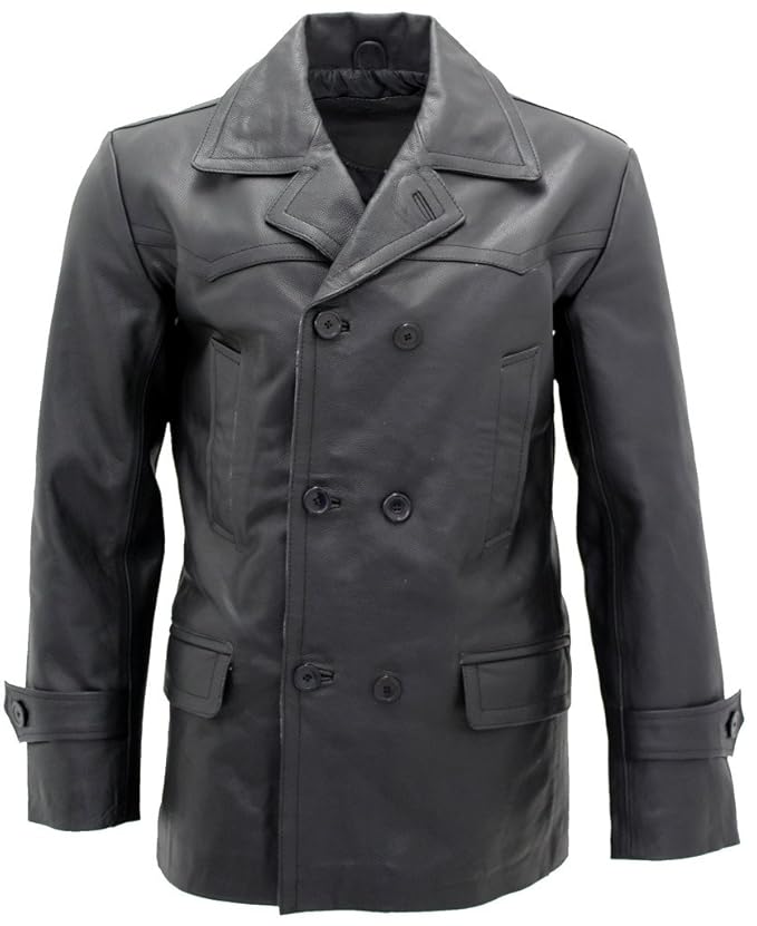 Infinity Herren Schwarz German Marine Dr Who Kuhfellleder PEA Coat