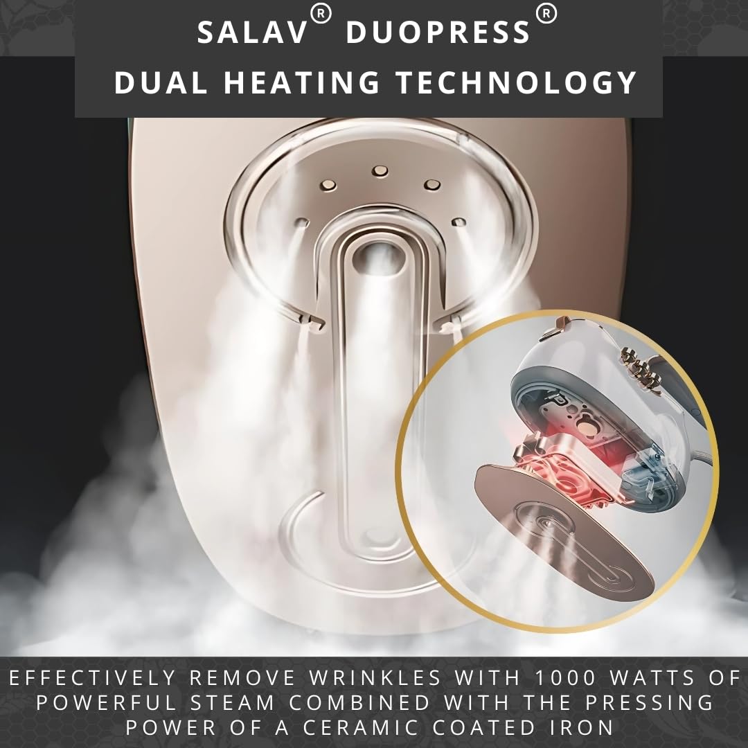 SALAV® Retro Edition Duopress Handheld Garment Steamer and Iron, Ceramic Plate, 1000 watts of Steam, Removes Wrinkles on Clothes, Vintage Style No Drip Steam, Titanium
