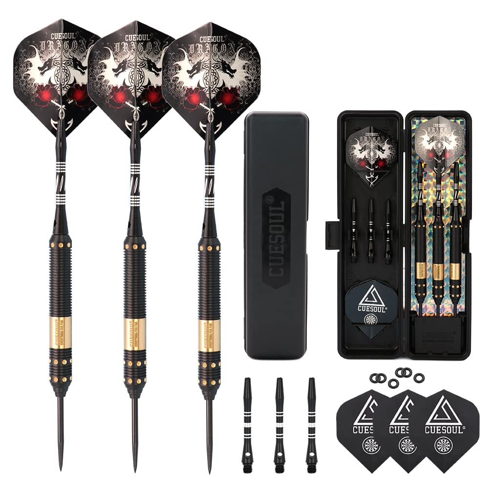 CUESOUL Dragon Series Steel Tip Darts Set 23 Grams Brass Barrels Durable Aluminum Shafts Great Grip Accuracy Good solid Accurate Darts Case Portable (JL-SL-J2103)