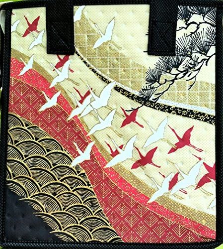 Hawaiian Japanese TSURU Cranes in Flight Block Print Small Reusable Gift Bags - 9” H x 8” W x 5.75” D Baby Shower Lightly Insulated Lunch Cherry Blossom Moon