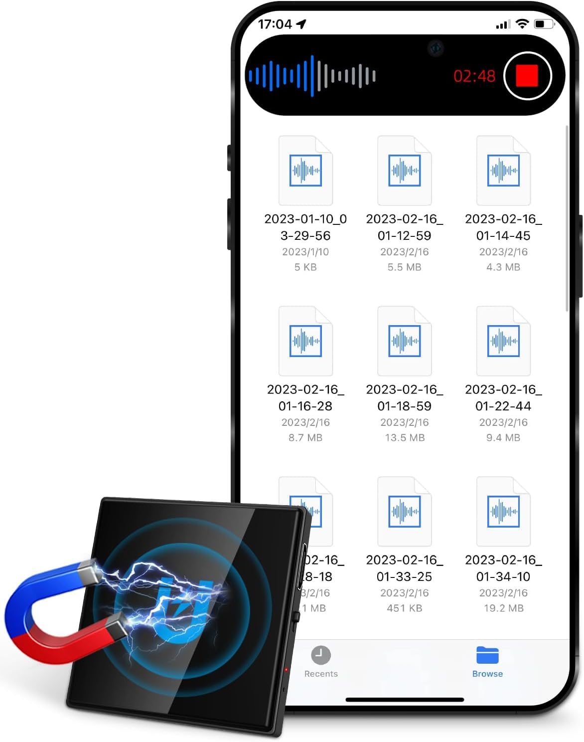 3072Kbps Magnetic Voice Recorder, Voice Activated Recorde with AI-Triple Intelligent Noise Cancellation, 64GB Dictaphone with 4000Hours Storeage, Recording Device for Lectures, Meetings (64G Black)