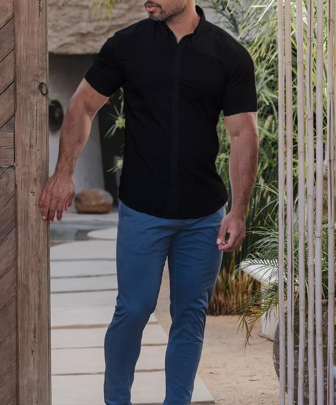 EOUOSS Men’s Muscle Fit Dress Shirts Athletic Slim Fit Short Sleeve Stretch Casual Button Down Shirt