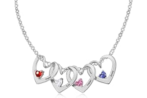 Personalized Mothers Necklace, Customized Family Name Heart Necklaces with 1-6 Birthstones, Engraved Names Pendant Anniversar