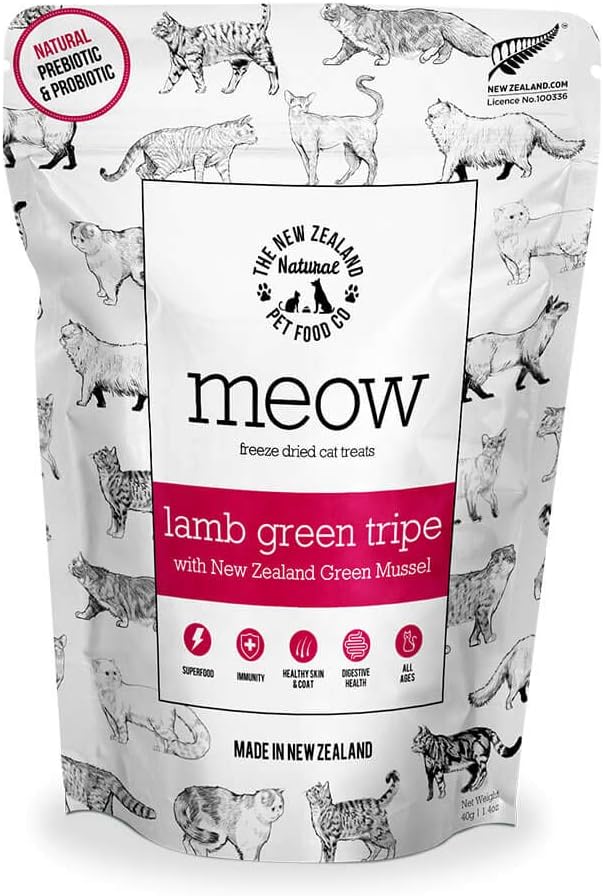 Meow Lamb Green Tripe Freeze Dried Raw Cat Treats with Added New Zealand Green Mussel - High Protein, Natural, Limited Ingredient Topper or Treat 1.76 oz